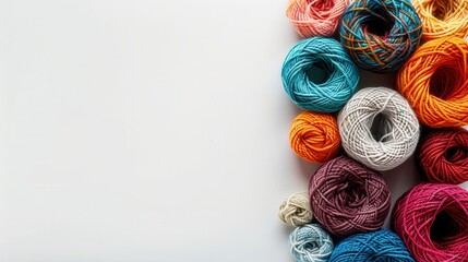 Fototapete - Vibrant yarn rolls are displayed in a grid pattern on a clean white background, creating an inviting atmosphere for craft enthusiasts and DIY projects. Generative AI