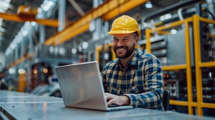 Engineer in a hard hat smiling while working on a laptop in a modern industrial factory setting, displaying productivity and technology.