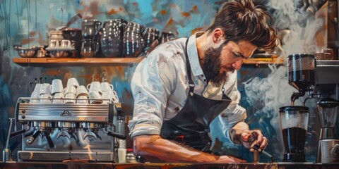 Cafe barista young man making coffee wallpaper background, generative ai