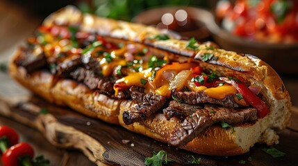 Canvas Print - Steak & Cheese Sub on Rustic Wooden Board