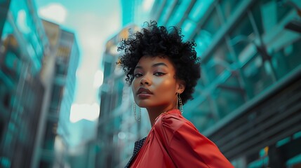 Wall Mural - A black woman with short, curly hair, wearing bold makeup and a trendy outfit, posing confidently in a cityscape.