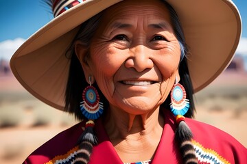 a happy senior Navajo woman in traditional Navajo formal dress. She stands strong and proud of her heritage. culture, indigenous, elderly, smile, wrinkles, jewelry, turquoise, beads, shawl, tradition,