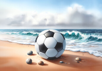 Wall Mural - Watercolor painting of a ball on a sea view background