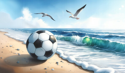 Wall Mural - Watercolor painting of a ball on a sea view background