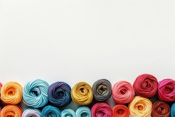 Fototapete - Colorful yarn rolls are arranged in a grid pattern on a white background, providing ample space for creative text placement and project ideas. Generative AI