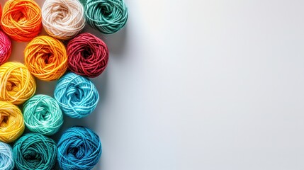Fototapete - Brightly colored yarn rolls are arranged in a grid, providing ample space for text on a clean white background, perfect for crafting projects and designs. Generative AI