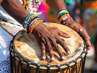 Man Playing Traditional Drum at Notting Hill Carnival with Close-Up of Hands and Drum Surface