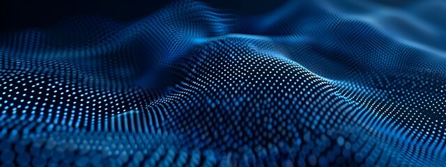 Blue dots in the shape of wavy lines on a dark background, a vector illustration. An abstract futuristic technology concept banner with blue dots and stars. A background for design elements, digital a