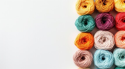 Fototapete - A vibrant arrangement of colorful yarn rolls is displayed in a grid on a white background, offering ample space for additional design elements or text. Generative AI
