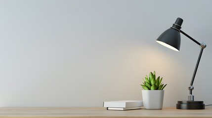 Minimalist wooden desk, single notebook, potted succulent, sleek lamp, solid white background, clean lines, modern and minimalistic,