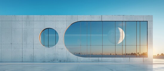 Wall Mural - Modern Building with Circular Windows Reflecting Sky and Moon