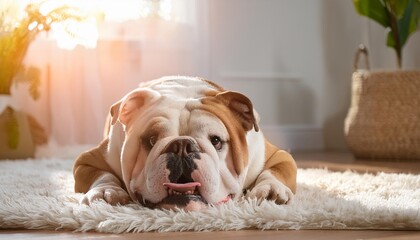 Wall Mural - A happy and content bulldog lies on a plush white rug in a sunny living room generative AI 