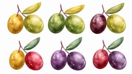 Sticker - A vibrant collection of olives depicted in watercolor, showcasing various shapes and sizes against a clean white backdrop.