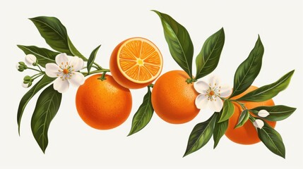 Delicate orange tree branch with fragrant blossoms against a clean white backdrop, showcasing vintage botanical art.