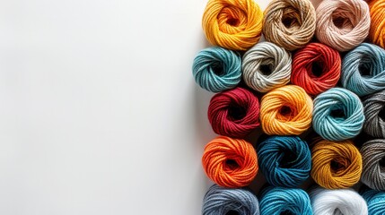 Fototapete - A vibrant arrangement of various yarn rolls on a white background offers ample space for adding text or creative ideas. Generative AI