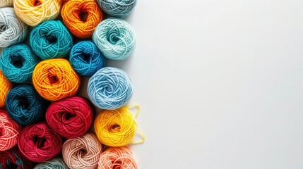 Fototapete - A grid of vibrant yarn rolls on a white background, offering ample space for crafting ideas or text placement. Generative AI