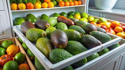 Wall Mural - Fresh avocados and oranges in a market display.