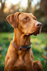 Poster - A brown dog sitting in the grass looking up at the sky