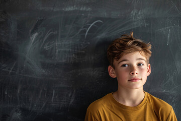 Wall Mural - teenage boy over black blackboard background with copy space