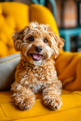 Canvas Print - A small brown dog sitting on a yellow chair