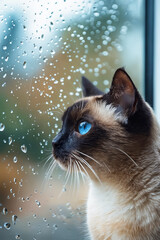 Poster - A cat with blue eyes looking out of a window with water droplets on it