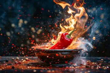 Wall Mural - A red hot chili pepper in a bowl with fire coming out of it