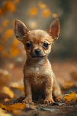 Sticker - A small brown chihuahua puppy sitting on the ground surrounded by leaves