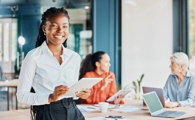 Poster - Portrait, research and woman with tablet, office and online of business and entrepreneur with info. Ambition, expert and publicist with internet, smile and proud of project, working and meeting