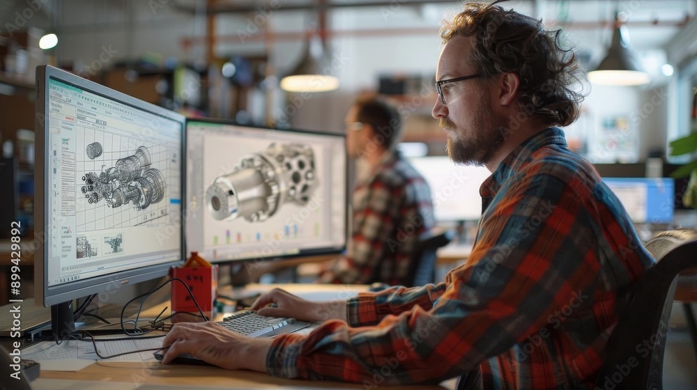 Engineer designing mechanical parts on dual monitors in a modern ...