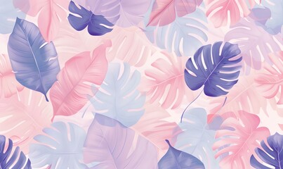 Wall Mural - Seamless tropical leaf pattern in pastel pink and purple , Generative AI