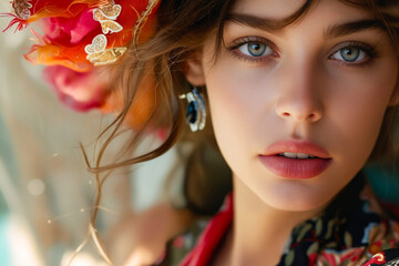 Poster - A woman with a flower in her hair and blue eyes.