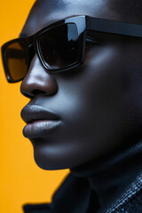 Poster - A woman wearing a black turtle neck sweater and sunglasses.