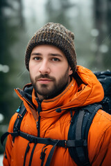 Sticker - A man wearing an orange jacket and a hat in the snow