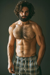 Poster - A shirtless man with long hair and a beard standing in front of a gray background