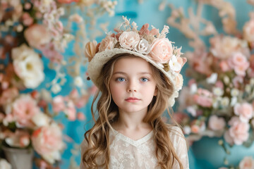 Sticker - A little girl wearing a flower crown standing in front of a bunch of flowers