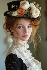 Canvas Print - A woman wearing a black top hat with flowers on it.