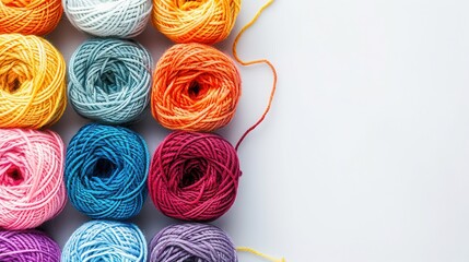 Poster - Brightly colored yarn rolls are neatly arranged in rows, creating a vibrant grid with plenty of space for adding text or details. Generative AI