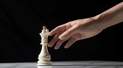 Photograph of a woman's hand, adorned with intricate jewelry, poised to move a white chess pawn, capturing the tension and anticipation of the game.