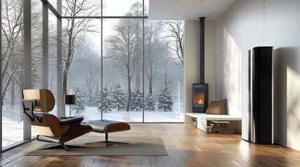 Wall Mural - Heater in a cozy modern room with floor-to-ceiling windows during the cold season