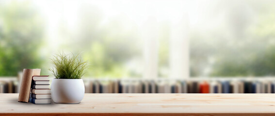 Aufkleber - Empty wooden table with a stack of books and a green plant in a pot, blurred library and window background, perfect for displaying products