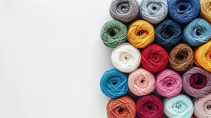 Fototapete - A vibrant array of yarn rolls is neatly organized in a grid on a white background, providing a perfect canvas for creative text placement and design ideas. Generative AI