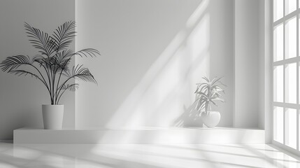 Canvas Print - Minimalist White Backdrop for Sleek Product Presentation with Natural Lighting and Greenery Accents