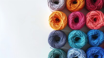 Fototapete - Vibrant yarn rolls are neatly organized in a grid, providing an inviting canvas for crafting and creative expression with plenty of space for text. Generative AI