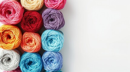 Aufkleber - A grid of vibrant yarn rolls rests on a white background, providing ample space for text, perfect for crafting and textile design enthusiasts. Generative AI