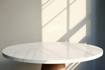 Aufkleber - Empty round white marble table with shadows from window sunlight