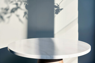 Aufkleber - Empty round white marble table with plant shadow on wall background
