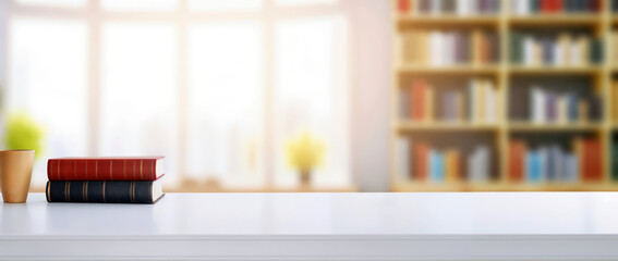 Aufkleber - White desk with book, plant and blurred bookshelf in the background, bright sunlight from window to the left, perfect for product display