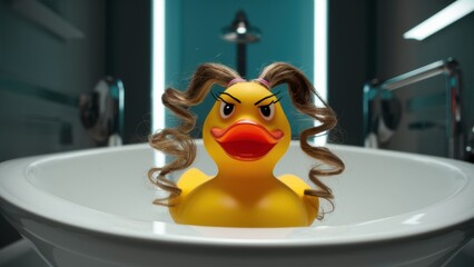 Canvas Print - A rubber duck with hair in a bathtub filled to the brim, AI