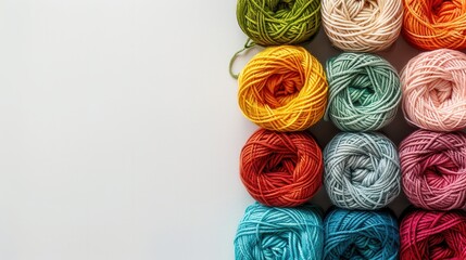 Aufkleber - Brightly colored yarn rolls are neatly arranged in a grid on a white surface, providing a vibrant backdrop for creative projects and text placement. Generative AI