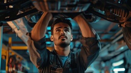 Wall Mural - Mechanic Working on a Vehicle in a Car Service. Professional Repairman is Wearing Gloves and Using a Ratchet Underneath the Car. Modern Clean Workshop. car service, repair, maintenance, and people con